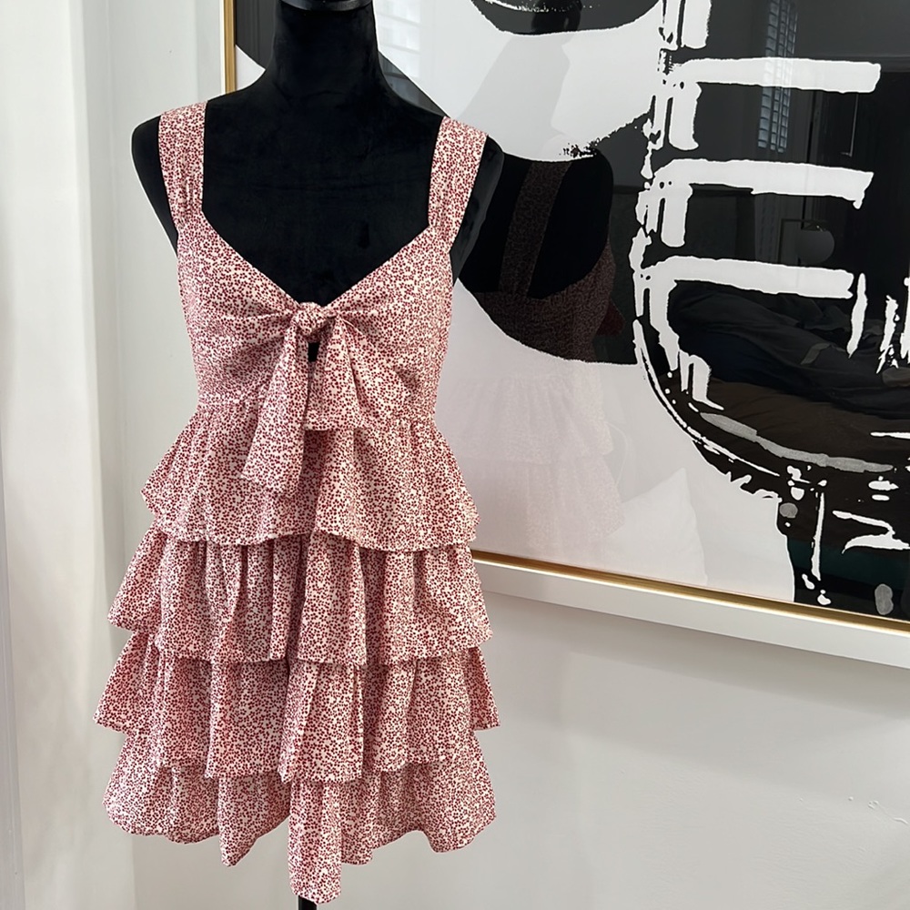 The Impeccable Pig Mauve and Cream Ruffled Tiered Dress, Size S